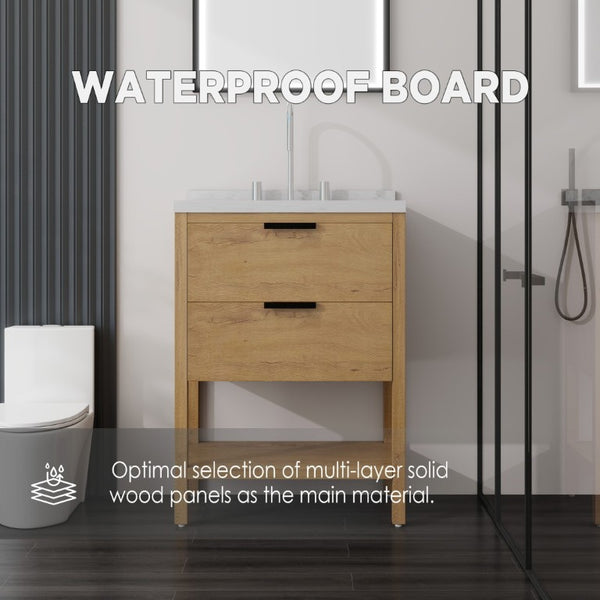 English Elm 24 Inch Freestanding Bathroom Vanity with Cultured Marble Top Soft Close Spa Style Oak Carrara White B2775S00297