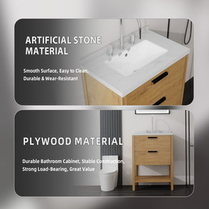 English Elm 24 Inch Freestanding Bathroom Vanity with Cultured Marble Top Soft Close Spa Style Oak Carrara White B2775S00297