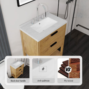 English Elm 24 Inch Freestanding Bathroom Vanity with Cultured Marble Top Soft Close Spa Style Oak Carrara White B2775S00297