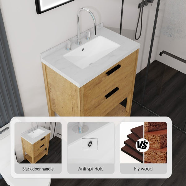 English Elm 24 Inch Freestanding Bathroom Vanity with Cultured Marble Top Soft Close Spa Style Oak Carrara White B2775S00297