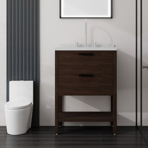 English Elm 24 Inch Freestanding Bathroom Vanity with Cultured Marble Top Soft Close Spa Style Brown Carrara White B2775S00298