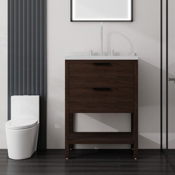 English Elm 24 Inch Freestanding Bathroom Vanity with Cultured Marble Top Soft Close Spa Style Brown Carrara White B2775S00298