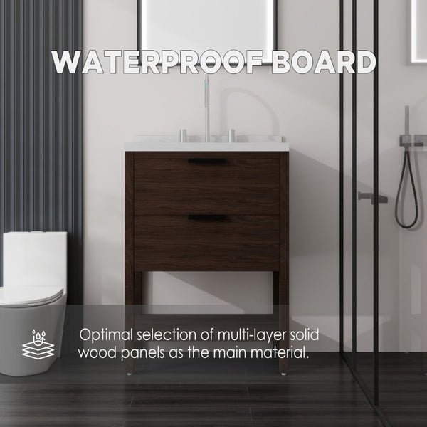 English Elm 24 Inch Freestanding Bathroom Vanity with Cultured Marble Top Soft Close Spa Style Brown Carrara White B2775S00298