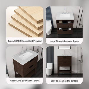 English Elm 24 Inch Freestanding Bathroom Vanity with Cultured Marble Top Soft Close Spa Style Brown Carrara White B2775S00298