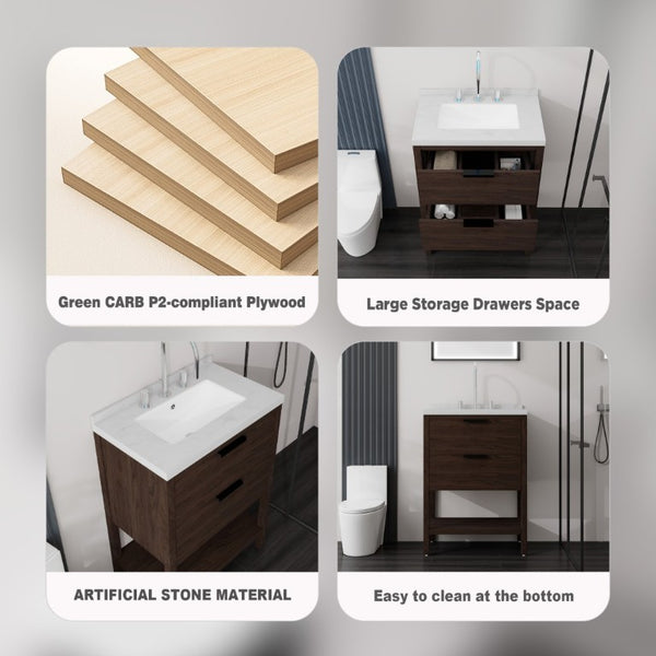 English Elm 24 Inch Freestanding Bathroom Vanity with Cultured Marble Top Soft Close Spa Style Brown Carrara White B2775S00298