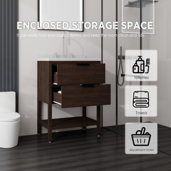 English Elm 24 Inch Freestanding Bathroom Vanity with Cultured Marble Top Soft Close Spa Style Brown Carrara White B2775S00298