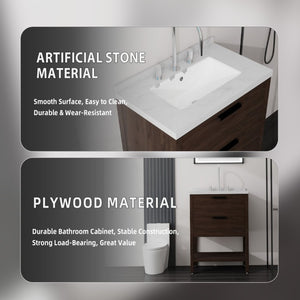 English Elm 24 Inch Freestanding Bathroom Vanity with Cultured Marble Top Soft Close Spa Style Brown Carrara White B2775S00298