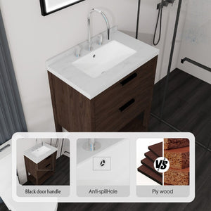 English Elm 24 Inch Freestanding Bathroom Vanity with Cultured Marble Top Soft Close Spa Style Brown Carrara White B2775S00298