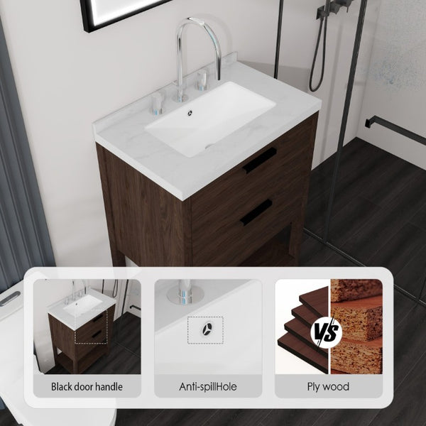 English Elm 24 Inch Freestanding Bathroom Vanity with Cultured Marble Top Soft Close Spa Style Brown Carrara White B2775S00298