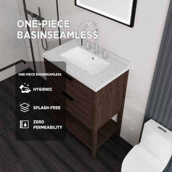 English Elm 24 Inch Freestanding Bathroom Vanity with Cultured Marble Top Soft Close Spa Style Brown Carrara White B2775S00298