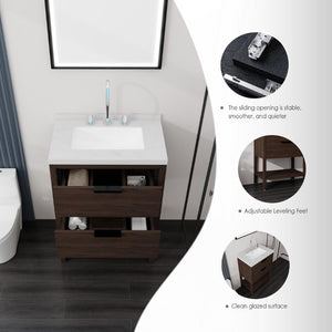 English Elm 24 Inch Freestanding Bathroom Vanity with Cultured Marble Top Soft Close Spa Style Brown Carrara White B2775S00298
