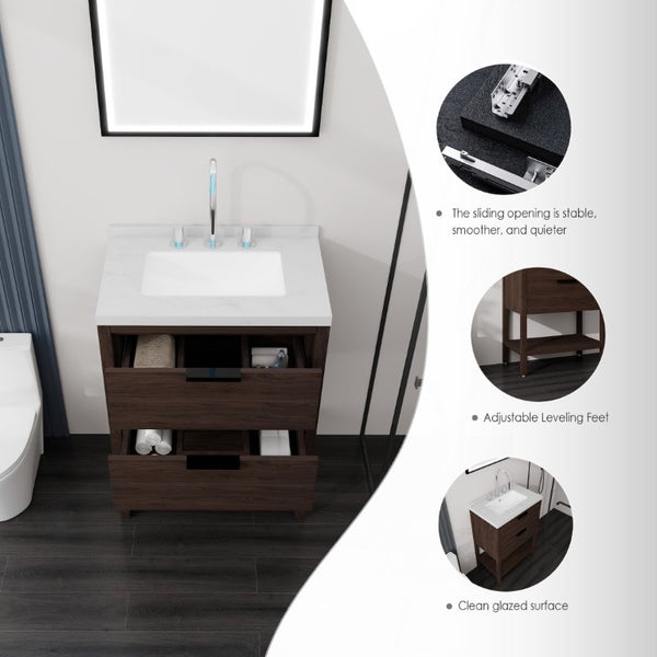 English Elm 24 Inch Freestanding Bathroom Vanity with Cultured Marble Top Soft Close Spa Style Brown Carrara White B2775S00298