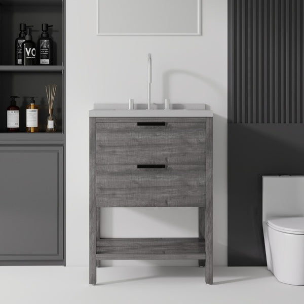 English Elm 24 Inch Freestanding Bathroom Vanity with Cultured Marble Top Soft Close Spa Style Grey Granite White B2775S00299