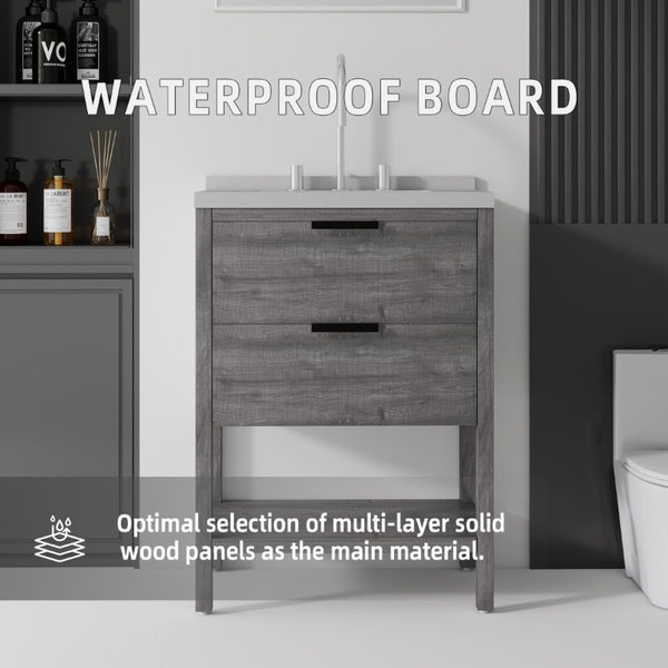 English Elm 24 Inch Freestanding Bathroom Vanity with Cultured Marble Top Soft Close Spa Style Grey Granite White B2775S00299