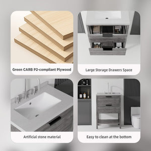 English Elm 24 Inch Freestanding Bathroom Vanity with Cultured Marble Top Soft Close Spa Style Grey Granite White B2775S00299