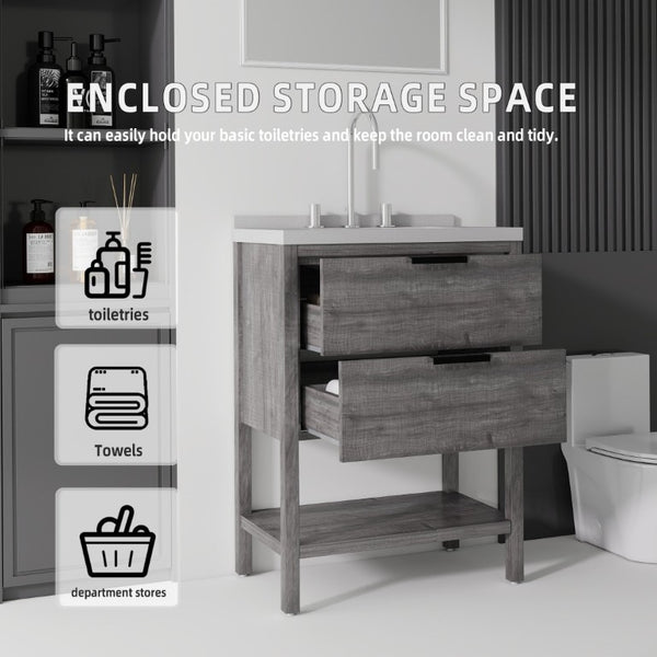 English Elm 24 Inch Freestanding Bathroom Vanity with Cultured Marble Top Soft Close Spa Style Grey Granite White B2775S00299