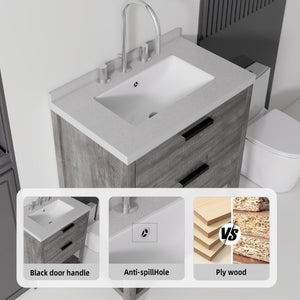English Elm 24 Inch Freestanding Bathroom Vanity with Cultured Marble Top Soft Close Spa Style Grey Granite White B2775S00299