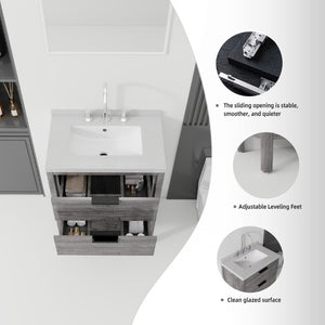 English Elm 24 Inch Freestanding Bathroom Vanity with Cultured Marble Top Soft Close Spa Style Grey Granite White B2775S00299