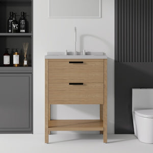 English Elm 24 Inch Freestanding Bathroom Vanity with Cultured Marble Top Soft Close Spa Style Oak Granite White B2775S00300