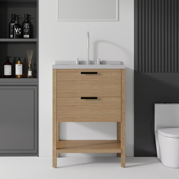 English Elm 24 Inch Freestanding Bathroom Vanity with Cultured Marble Top Soft Close Spa Style Oak Granite White B2775S00300
