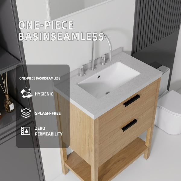 English Elm 24 Inch Freestanding Bathroom Vanity with Cultured Marble Top Soft Close Spa Style Oak Granite White B2775S00300