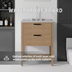 English Elm 24 Inch Freestanding Bathroom Vanity with Cultured Marble Top Soft Close Spa Style Oak Granite White B2775S00300