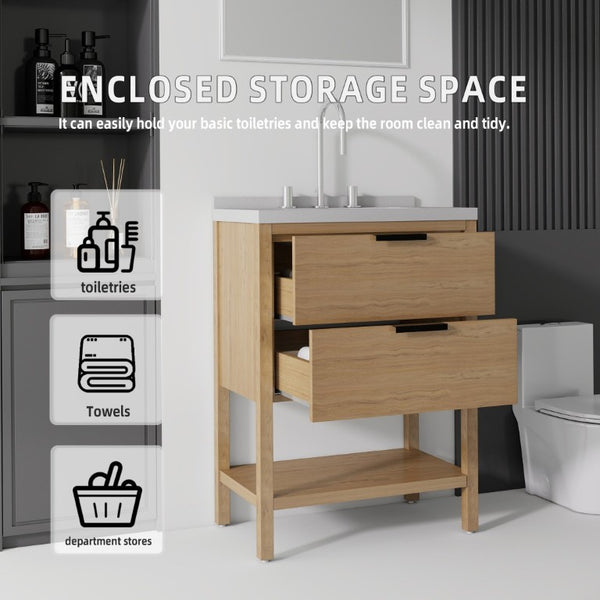English Elm 24 Inch Freestanding Bathroom Vanity with Cultured Marble Top Soft Close Spa Style Oak Granite White B2775S00300