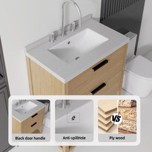 English Elm 24 Inch Freestanding Bathroom Vanity with Cultured Marble Top Soft Close Spa Style Oak Granite White B2775S00300