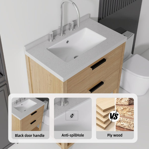 English Elm 24 Inch Freestanding Bathroom Vanity with Cultured Marble Top Soft Close Spa Style Oak Granite White B2775S00300