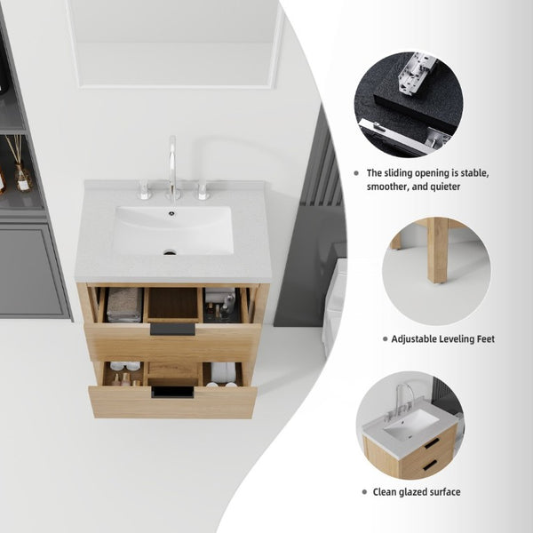 English Elm 24 Inch Freestanding Bathroom Vanity with Cultured Marble Top Soft Close Spa Style Oak Granite White B2775S00300