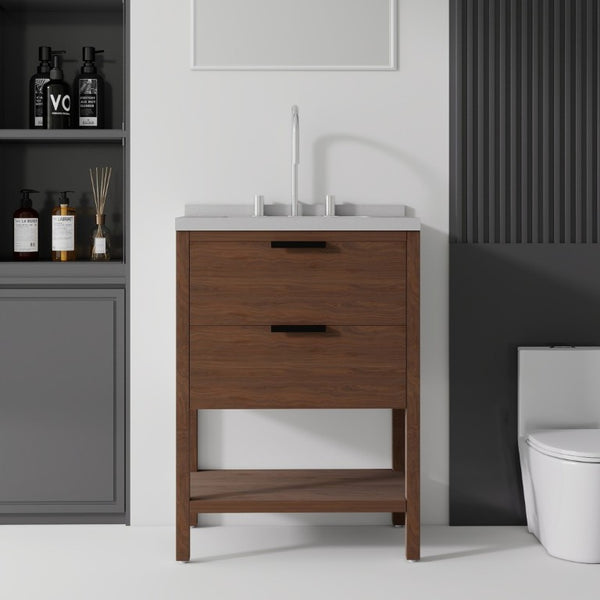 English Elm 24 Inch Freestanding Bathroom Vanity with Cultured Marble Top Soft Close Spa Style Brown Granite White B2775S00301