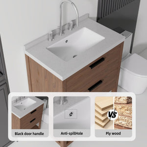 English Elm 24 Inch Freestanding Bathroom Vanity with Cultured Marble Top Soft Close Spa Style Brown Granite White B2775S00301