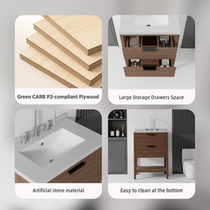 English Elm 24 Inch Freestanding Bathroom Vanity with Cultured Marble Top Soft Close Spa Style Brown Granite White B2775S00301