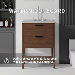 English Elm 24 Inch Freestanding Bathroom Vanity with Cultured Marble Top Soft Close Spa Style Brown Granite White B2775S00301