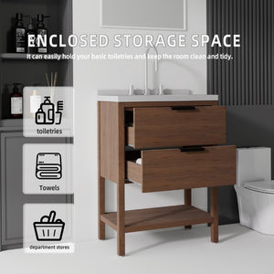 English Elm 24 Inch Freestanding Bathroom Vanity with Cultured Marble Top Soft Close Spa Style Brown Granite White B2775S00301