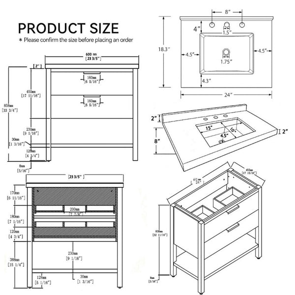 English Elm 24 Inch Freestanding Bathroom Vanity with Cultured Marble Top Soft Close Spa Style Brown Granite White B2775S00301