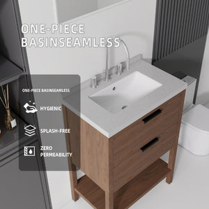 English Elm 24 Inch Freestanding Bathroom Vanity with Cultured Marble Top Soft Close Spa Style Brown Granite White B2775S00301