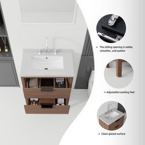 English Elm 24 Inch Freestanding Bathroom Vanity with Cultured Marble Top Soft Close Spa Style Brown Granite White B2775S00301