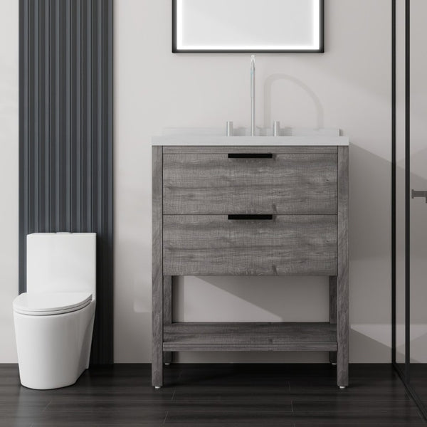 English Elm 30 Inch Freestanding Bathroom Vanity with Undermount Sink and Cultured Marble Top Grey Carrara White B2775S00302