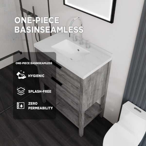 English Elm 30 Inch Freestanding Bathroom Vanity with Undermount Sink and Cultured Marble Top Grey Carrara White B2775S00302