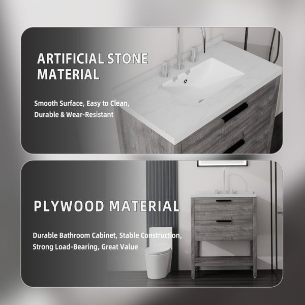English Elm 30 Inch Freestanding Bathroom Vanity with Undermount Sink and Cultured Marble Top Grey Carrara White B2775S00302