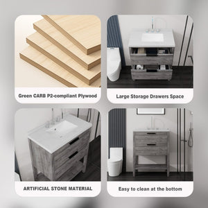 English Elm 30 Inch Freestanding Bathroom Vanity with Undermount Sink and Cultured Marble Top Grey Carrara White B2775S00302