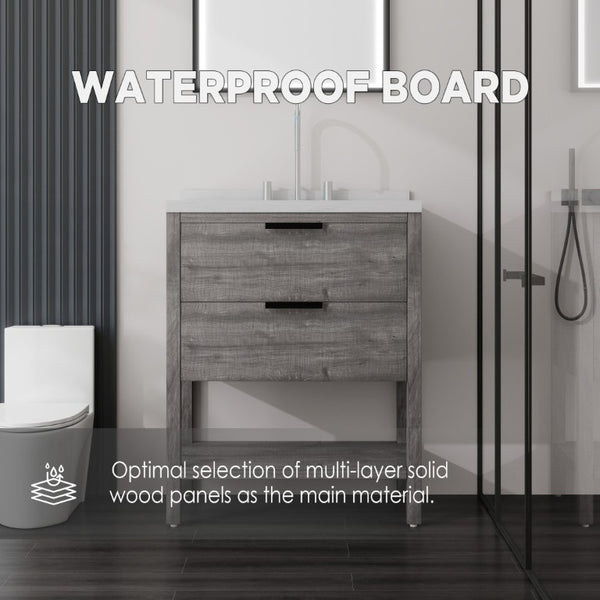English Elm 30 Inch Freestanding Bathroom Vanity with Undermount Sink and Cultured Marble Top Grey Carrara White B2775S00302