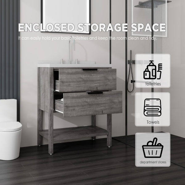 English Elm 30 Inch Freestanding Bathroom Vanity with Undermount Sink and Cultured Marble Top Grey Carrara White B2775S00302