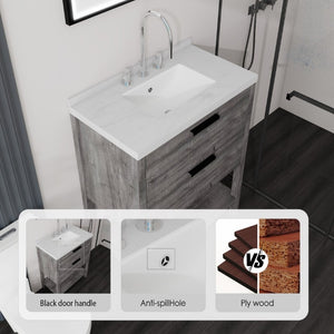 English Elm 30 Inch Freestanding Bathroom Vanity with Undermount Sink and Cultured Marble Top Grey Carrara White B2775S00302