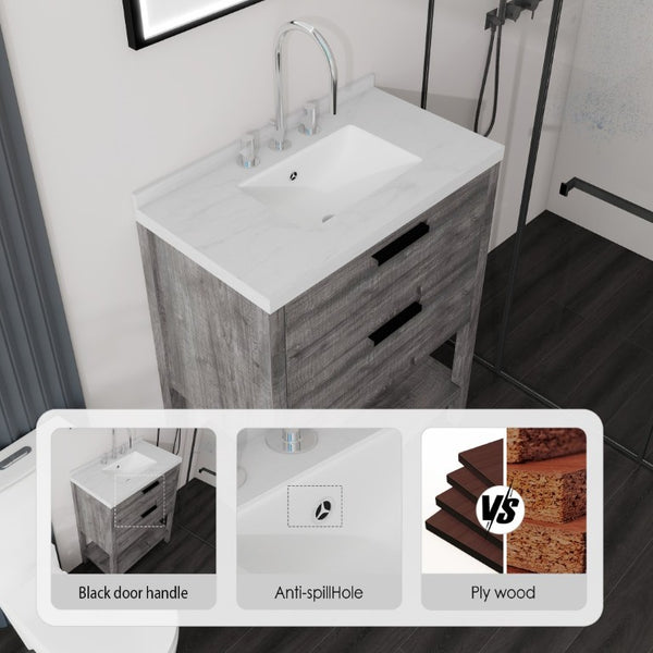 English Elm 30 Inch Freestanding Bathroom Vanity with Undermount Sink and Cultured Marble Top Grey Carrara White B2775S00302
