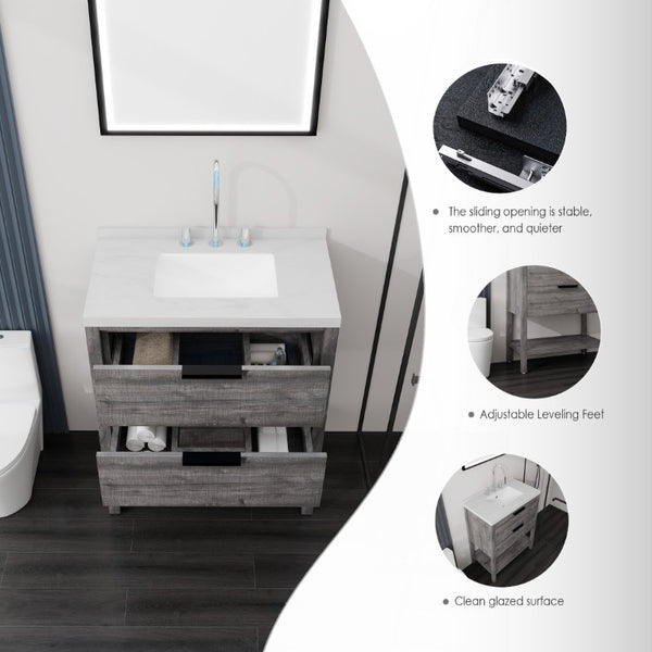 English Elm 30 Inch Freestanding Bathroom Vanity with Undermount Sink and Cultured Marble Top Grey Carrara White B2775S00302