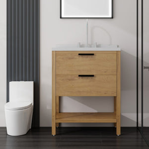 English Elm 30 Inch Freestanding Bathroom Vanity with Undermount Sink and Cultured Marble Top Oak Carrara White B2775S00303