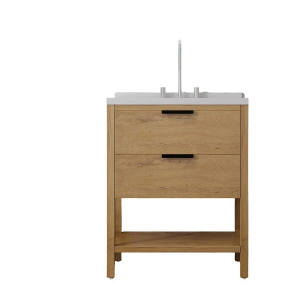 English Elm 30 Inch Freestanding Bathroom Vanity with Undermount Sink and Cultured Marble Top Oak Carrara White B2775S00303