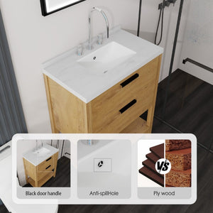 English Elm 30 Inch Freestanding Bathroom Vanity with Undermount Sink and Cultured Marble Top Oak Carrara White B2775S00303